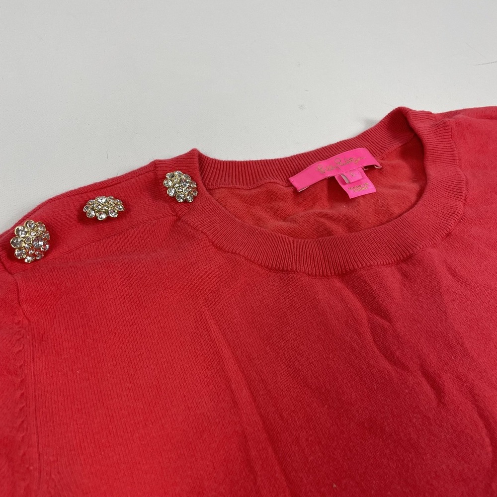 Lilly Pulitzer Sweater Womens Large Red Cotton Blend Jeweled Shoulder Crew Neck